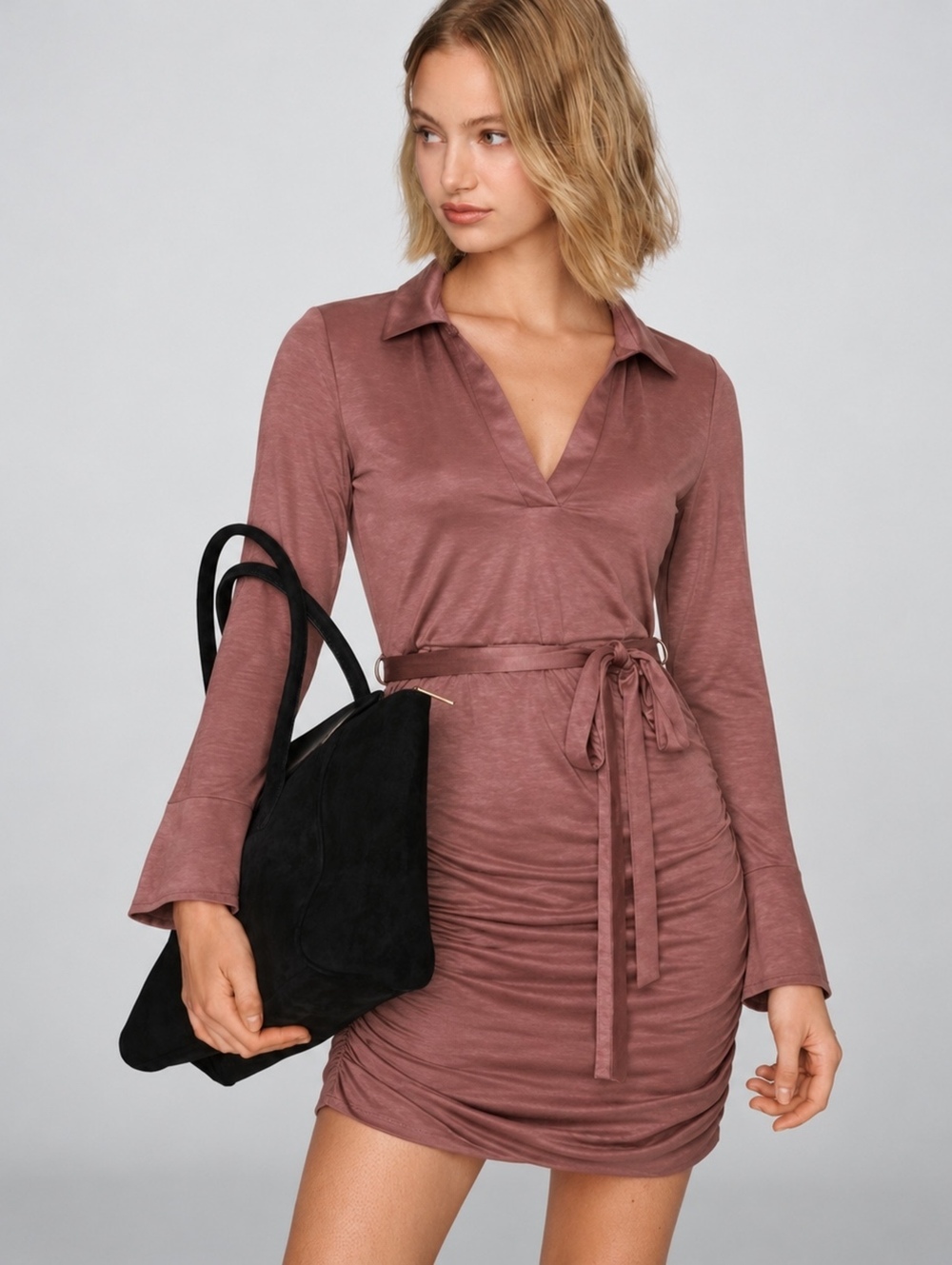 Louna Mauve Pink Ruched Collared Belted Long Sleeve Mini Dress XS
